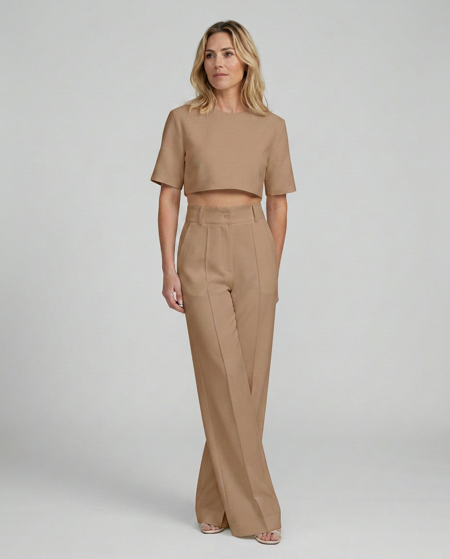 Camel high-waist crop top and wide-leg pants set, front view