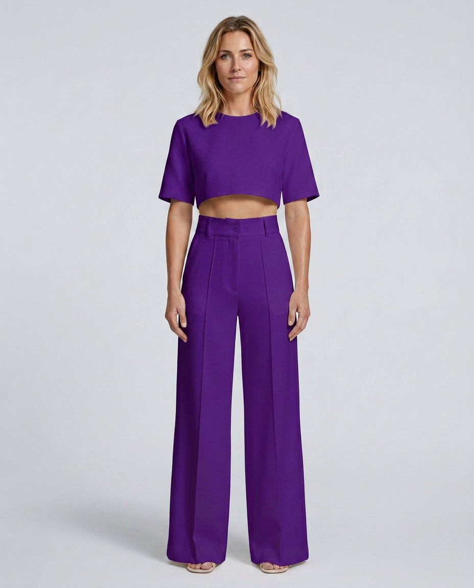 Purple high-waist crop top and wide-leg pants set, front view