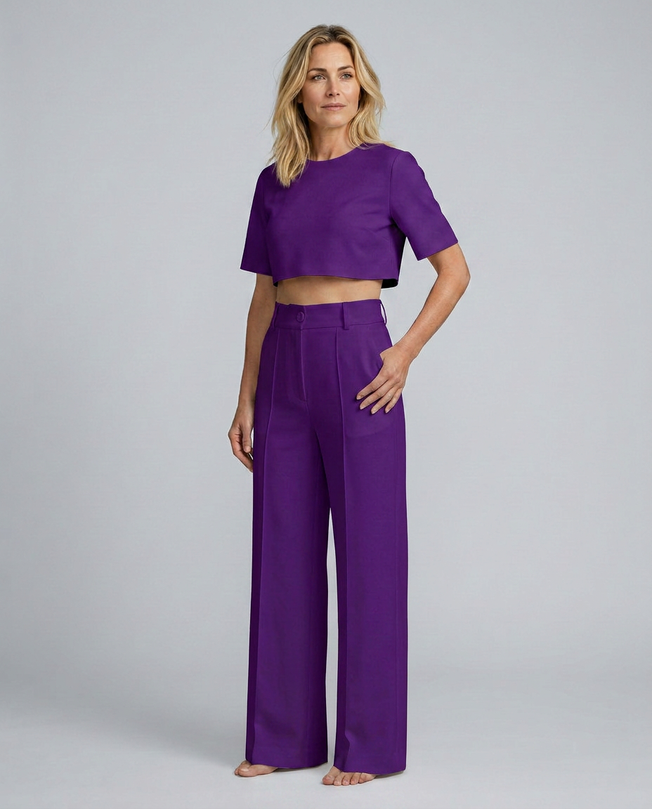 Purple high-waist crop top and wide-leg pants set, side view