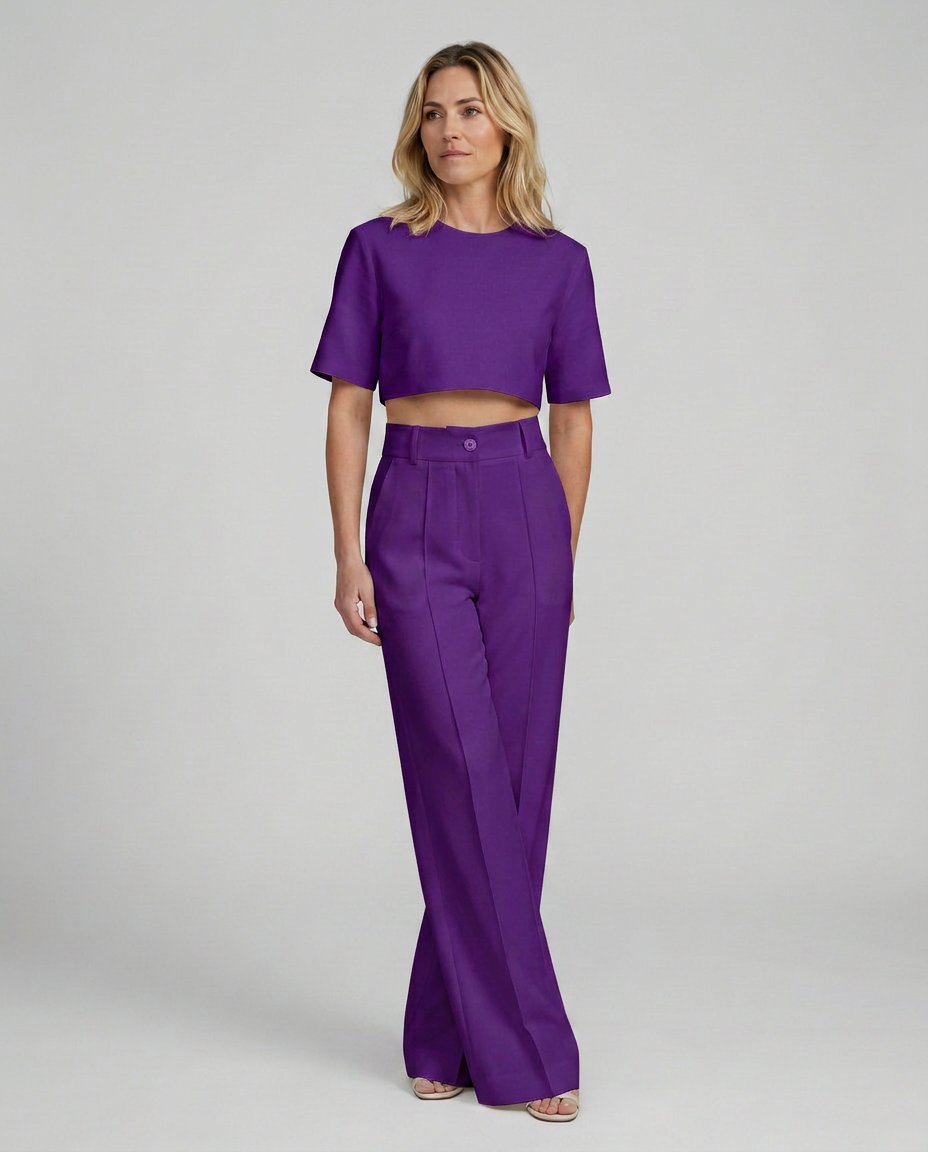 Purple high-waist crop top and wide-leg pants set, front view
