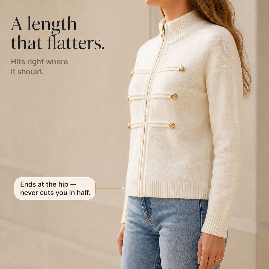 Ivory two-way zip sweater jacket with ribbed hem and gold-tone buttons on placket