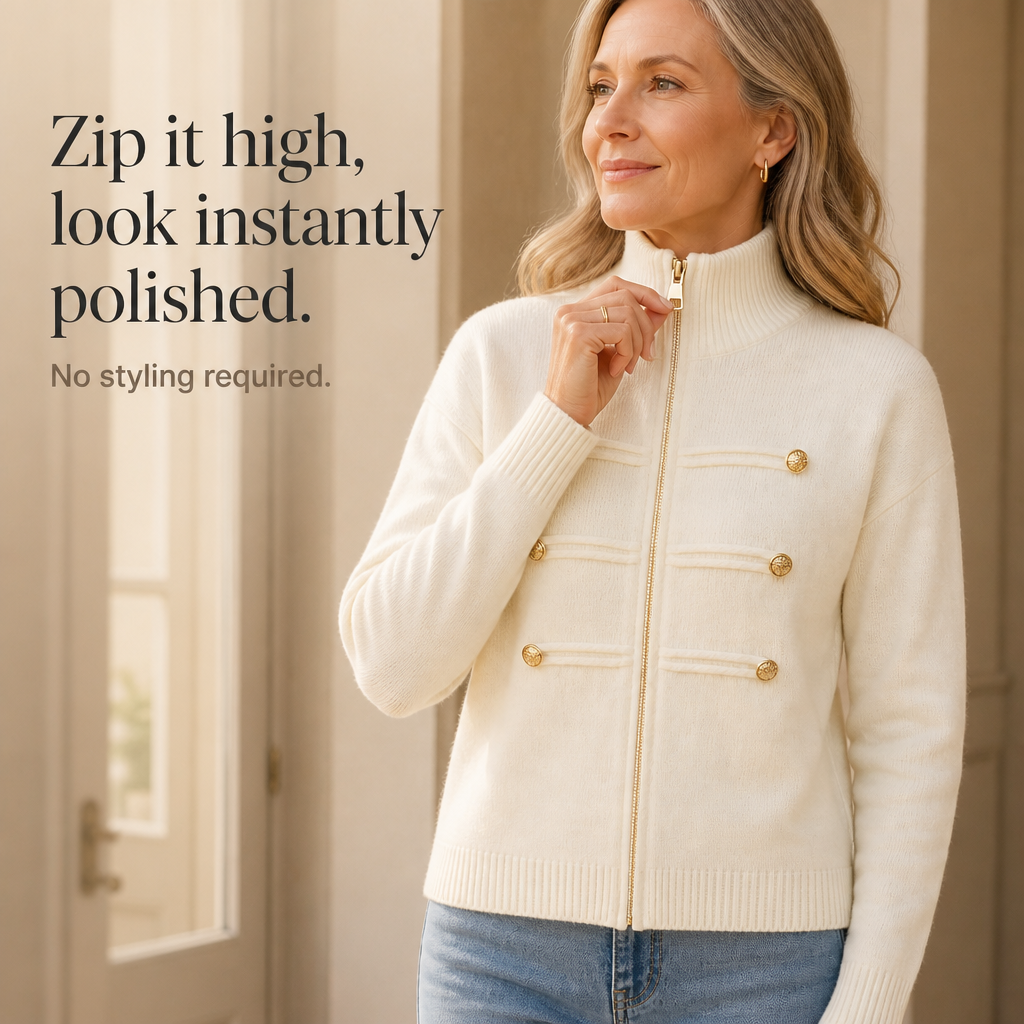 Ivory zip sweater jacket with stand collar zipped high and gold-tone button accents
