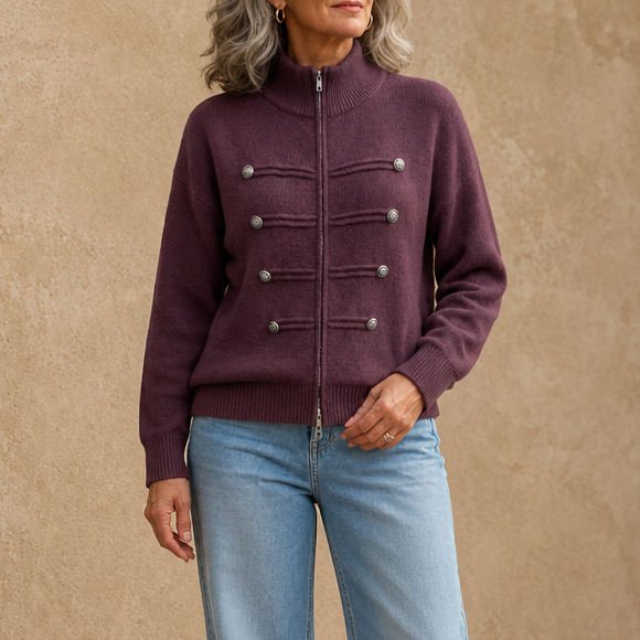 Plum purple knit zip-up sweater jacket with stand collar and gold button trim