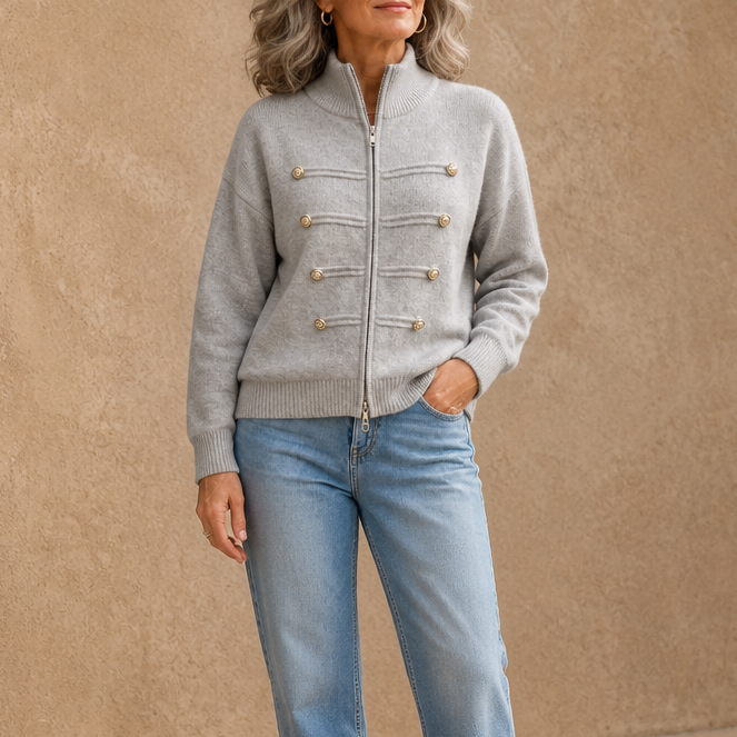 Light gray knit zip-up sweater jacket with stand collar and gold button accents
