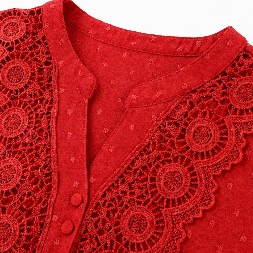 Red V-neck dress neckline with lace trim and button placket detail