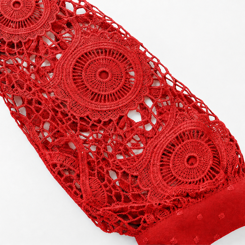 Red lace lantern sleeve cuff with circular crochet pattern