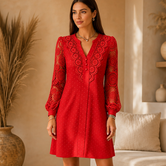 Red V-neck lace A-line dress with button front and lantern sleeves