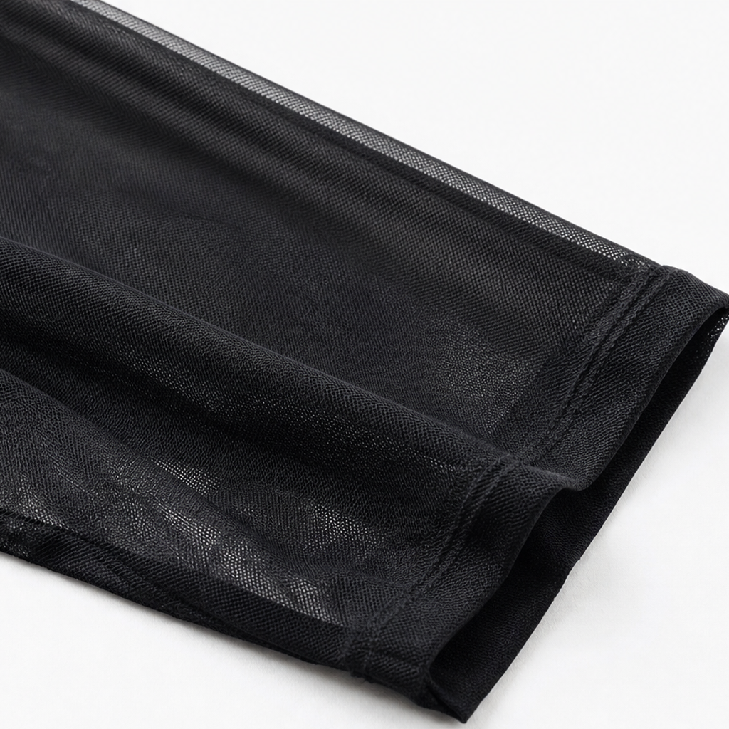 Black mesh top hem fold with stitched edge detail