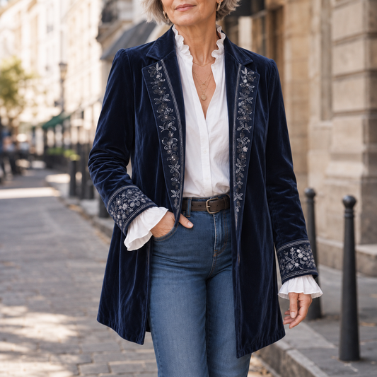 Navy velvet-look longline blazer with ornate embroidered trim along placket and sleeves