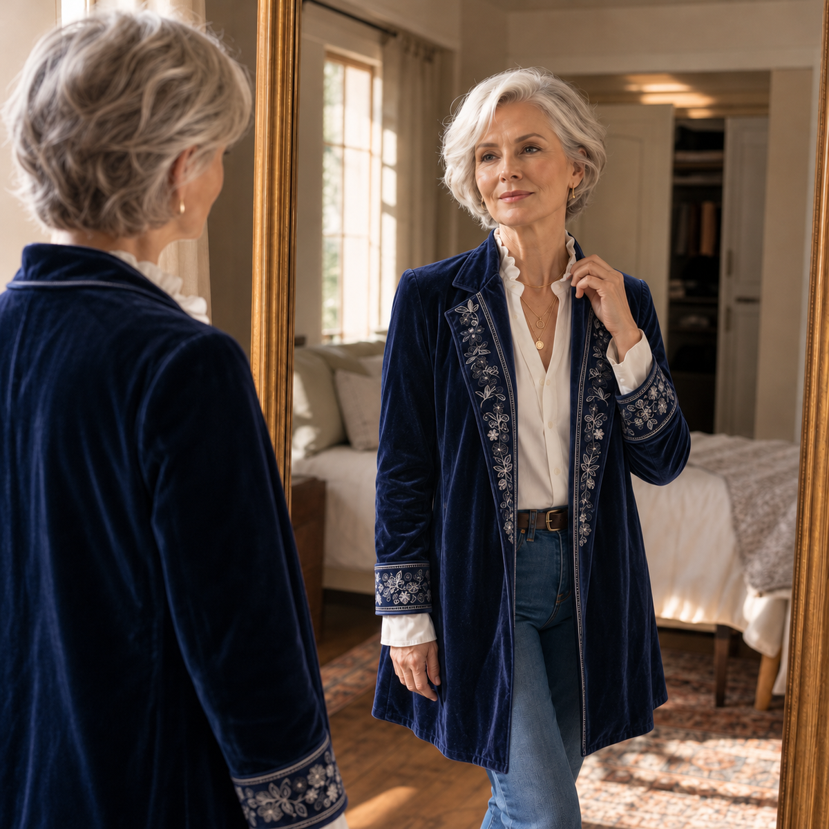 Navy longline blazer with embroidered floral panels and velvet texture