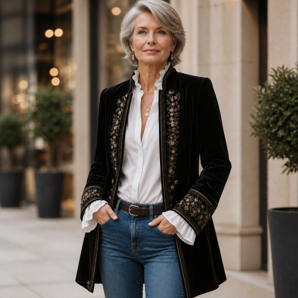 Longline velvet-look blazer in black with ornate embroidered trim and open front