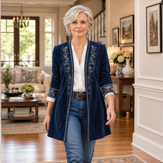 Longline velvet-look blazer in navy blue with embroidered accents on front and cuffs
