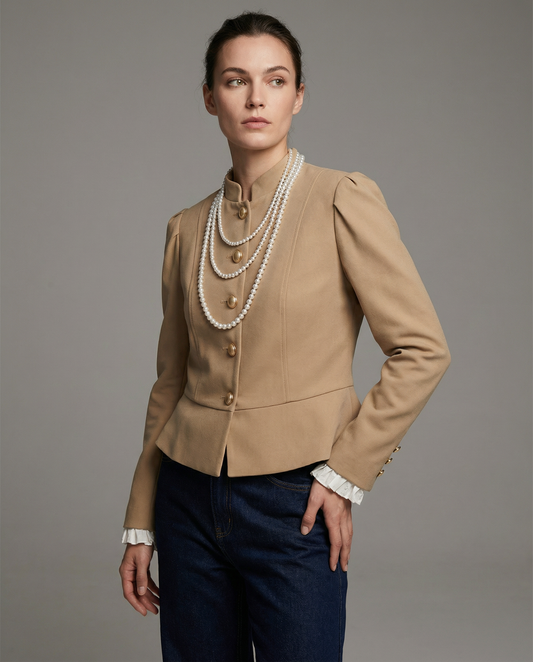 Khaki velvet blazer with structured puff shoulders, gold button front, peplum waist