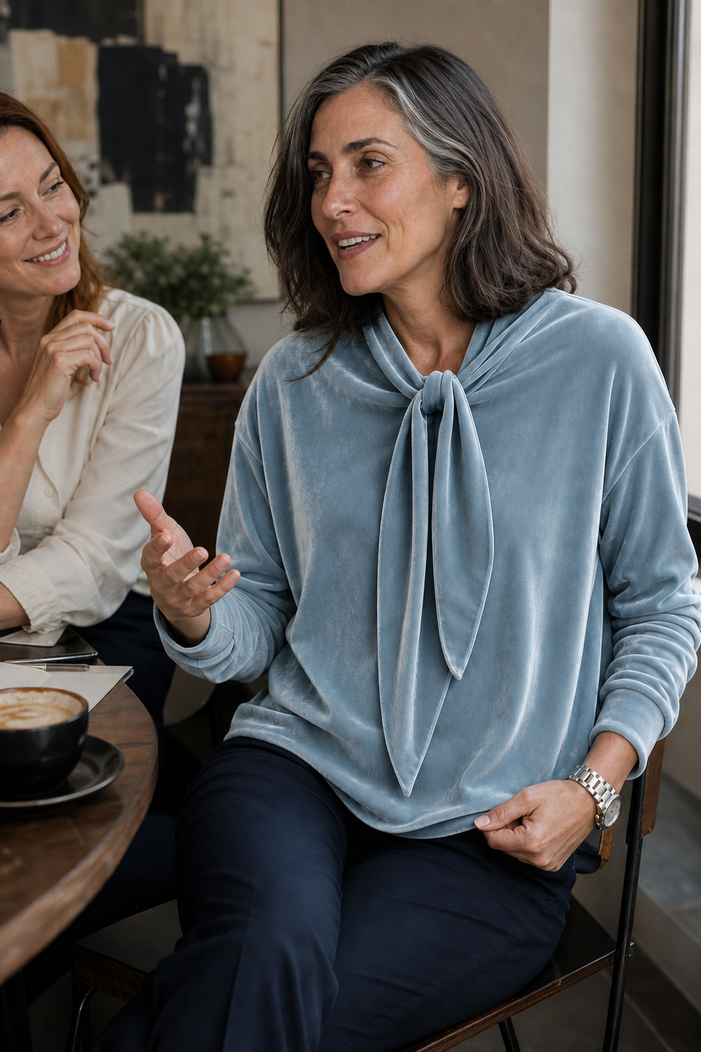 Light blue tie-neck velvet blouse shown with a curved hem