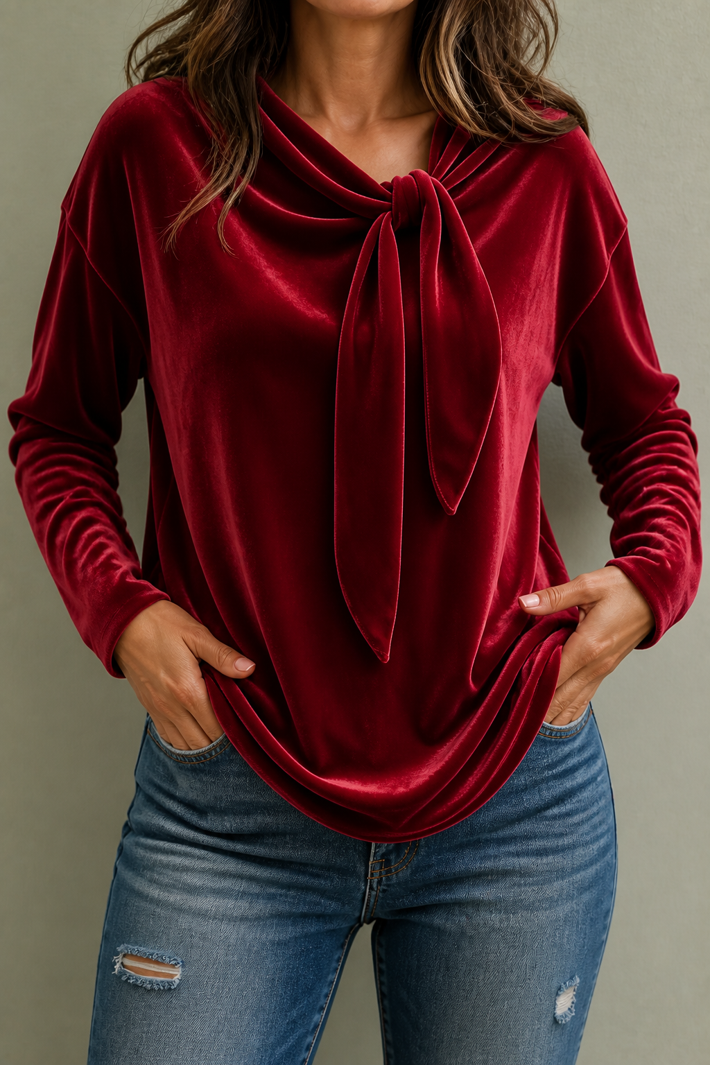 Wine red velvet blouse with a relaxed fit, long sleeves, and a draped tie neckline