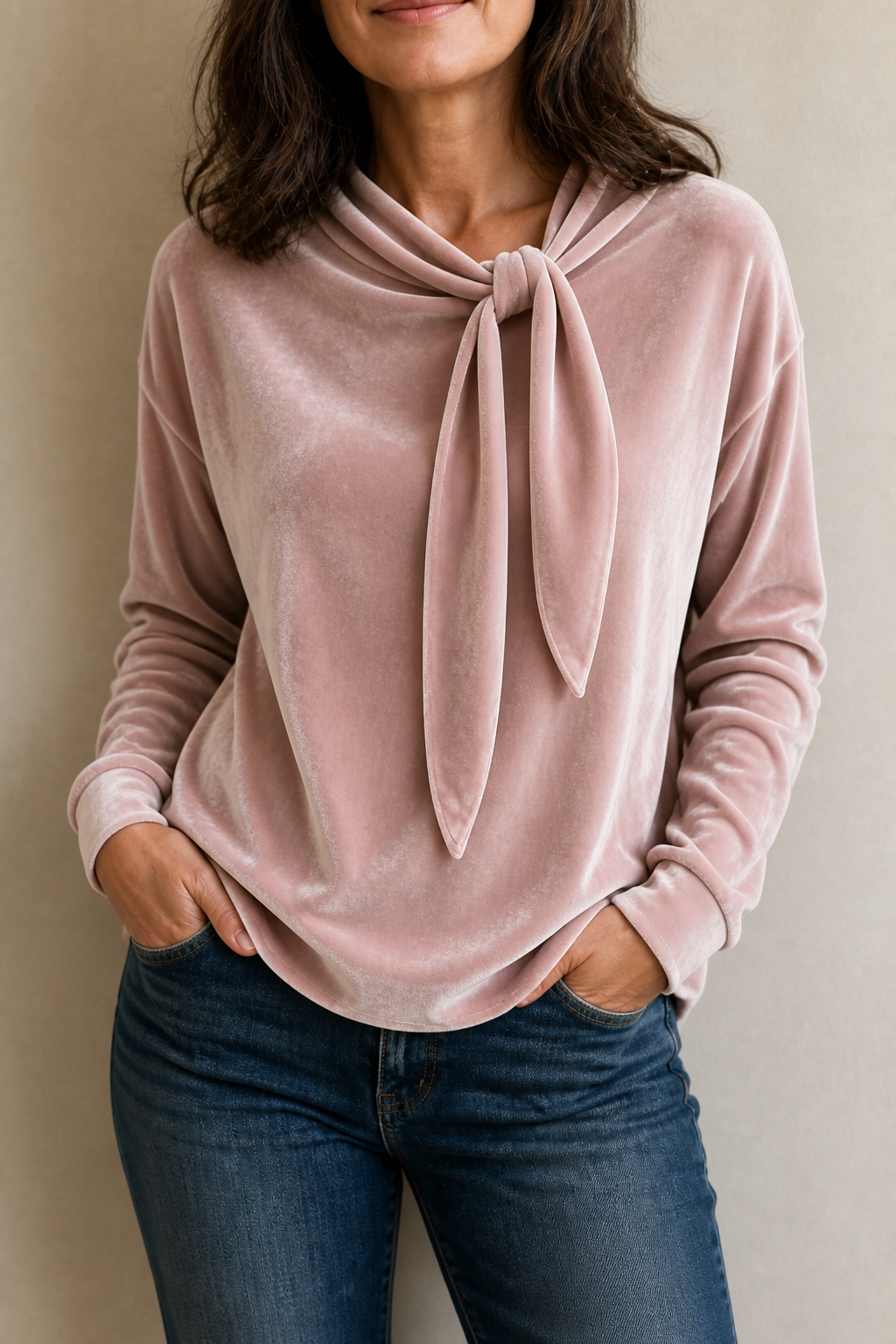 Dusty pink velvet blouse with a relaxed fit, long sleeves, and a draped tie neckline