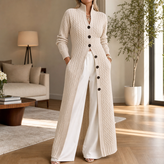 Vertical Cable-Knit Open-Front Duster Cardigan
