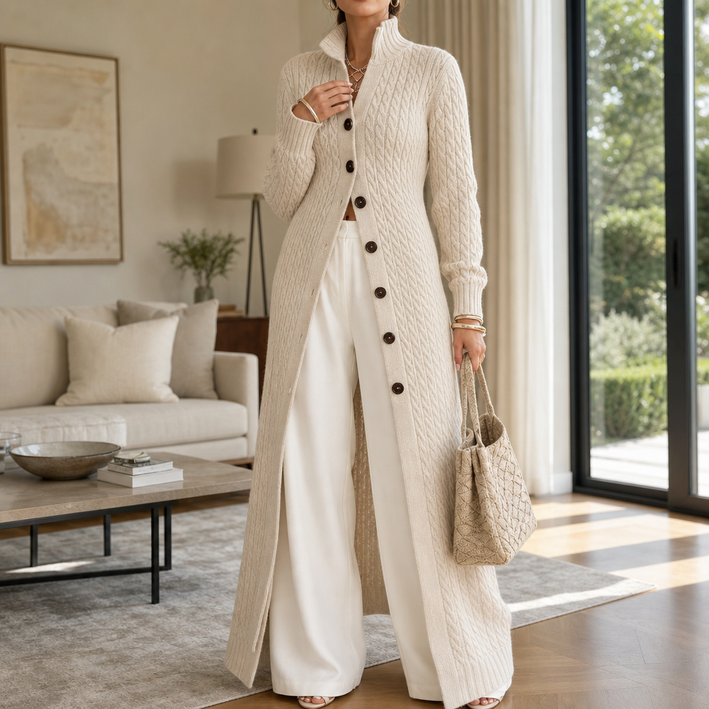 Vertical Cable-Knit Open-Front Duster Cardigan