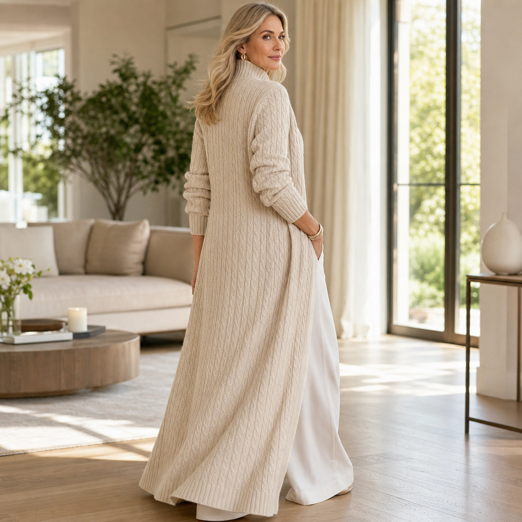 Vertical Cable-Knit Open-Front Duster Cardigan