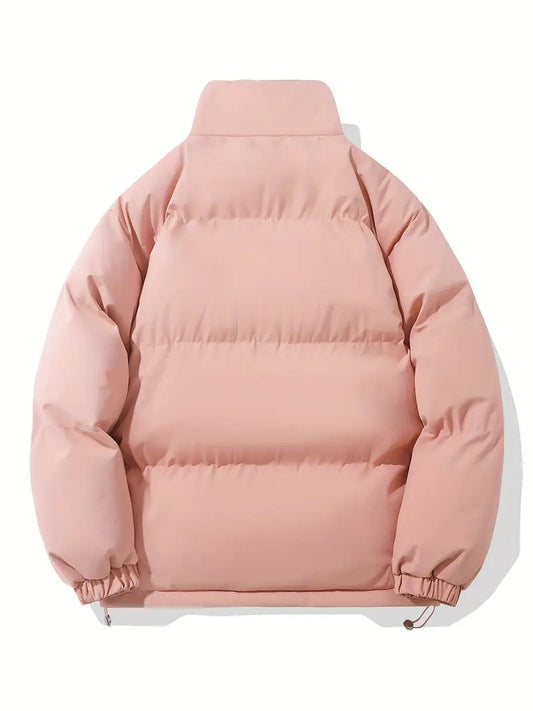 Pink hooded puffer jacket, back view, with quilted insulation and ribbed hem cuffs.