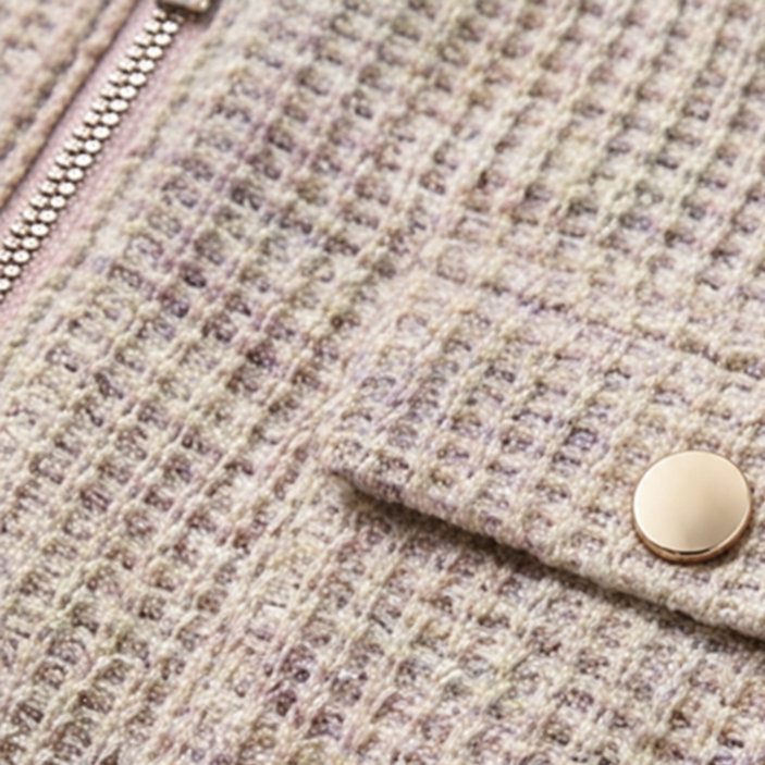 Beige waffle-knit close-up with half-zip seam and round snap button