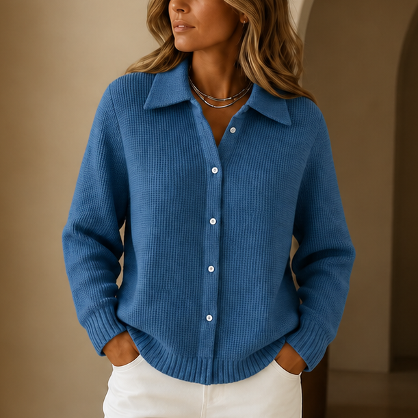 Waffle-Knit Lapel Collar Button Cardigan