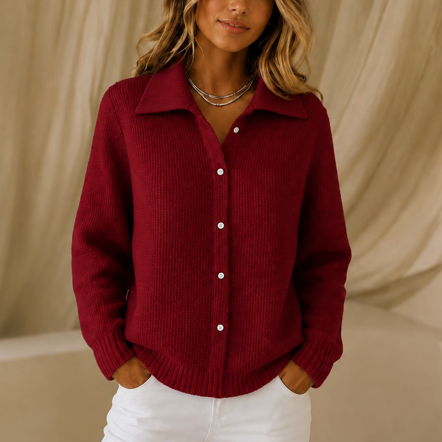 Waffle-Knit Lapel Collar Button Cardigan