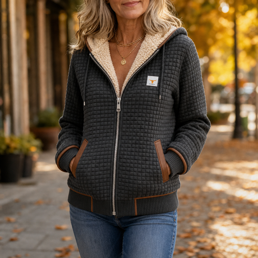 Waffle-quilted hooded jacket with sherpa lining, front zipper, and side pockets, dark