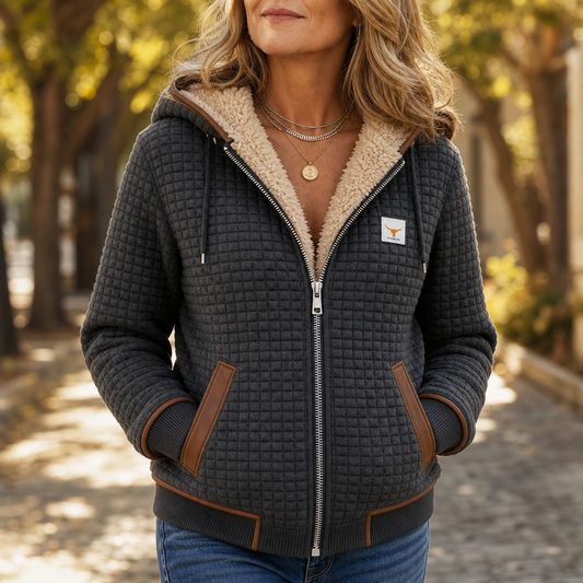 Quilted hooded jacket with sherpa-trim collar, zip front, and kangaroo-style side pockets