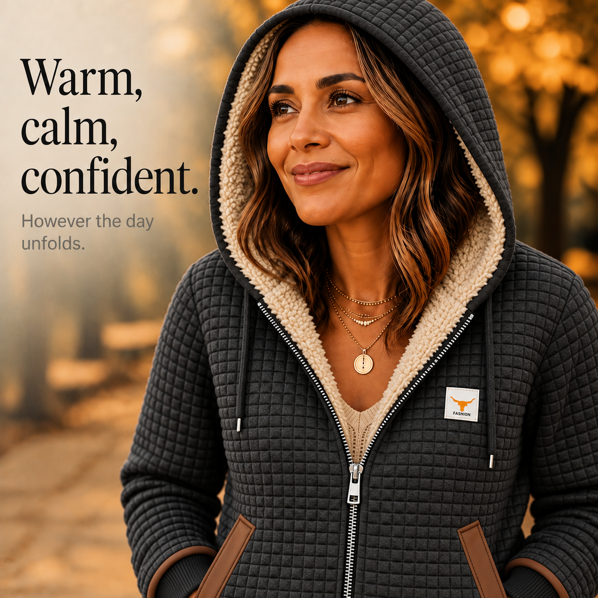 Close-up of hooded waffle-quilted jacket with sherpa lining and zip front, dark