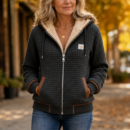 Black waffle-quilted hooded jacket with zip front, sherpa collar, and side pockets.