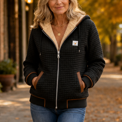 Black waffle-quilted hooded jacket with sherpa-lined hood, zip front, and ribbed cuffs.