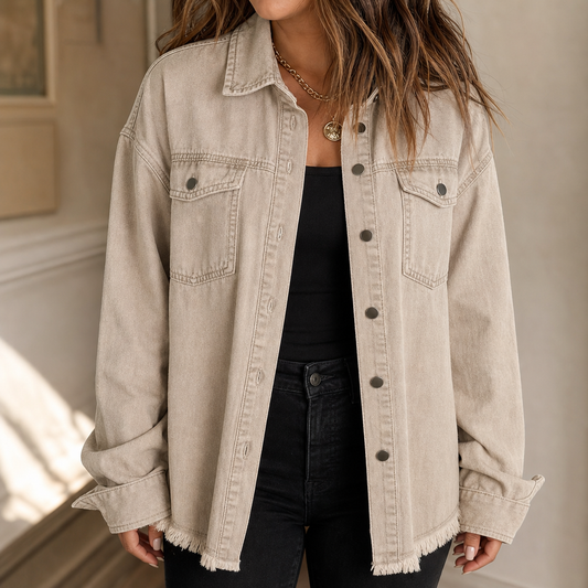 Washed denim-look jacket in light khaki with button front and frayed hem
