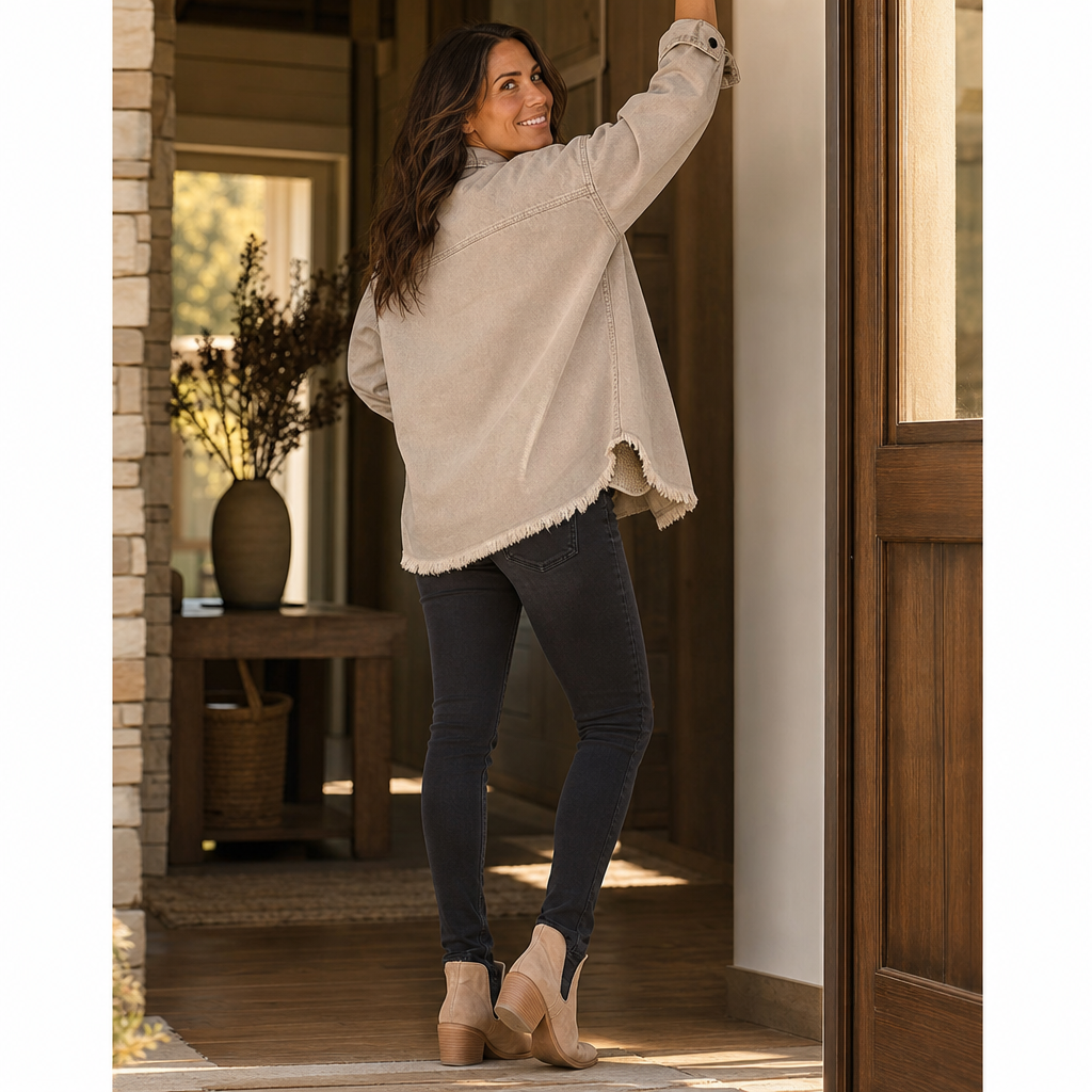 Denim-look frayed-hem jacket in light khaki with worn hem edge and button front