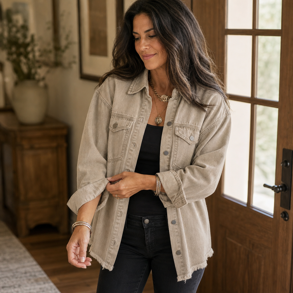 Denim-look jacket in light khaki wash with button front and frayed hem