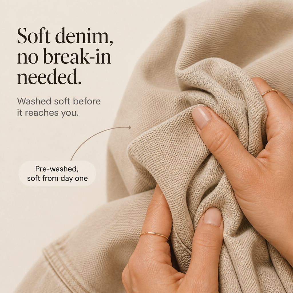 Washed denim-look fabric close-up with soft textured weave and gathered edge