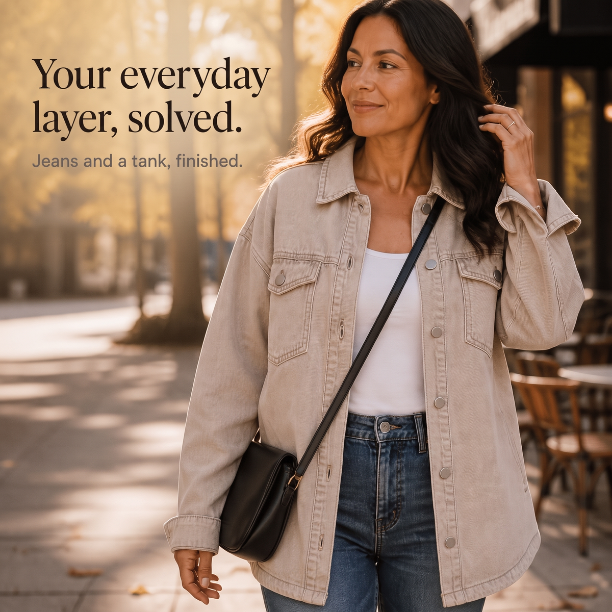 Denim-look frayed-hem jacket in light wash with button front and chest pockets