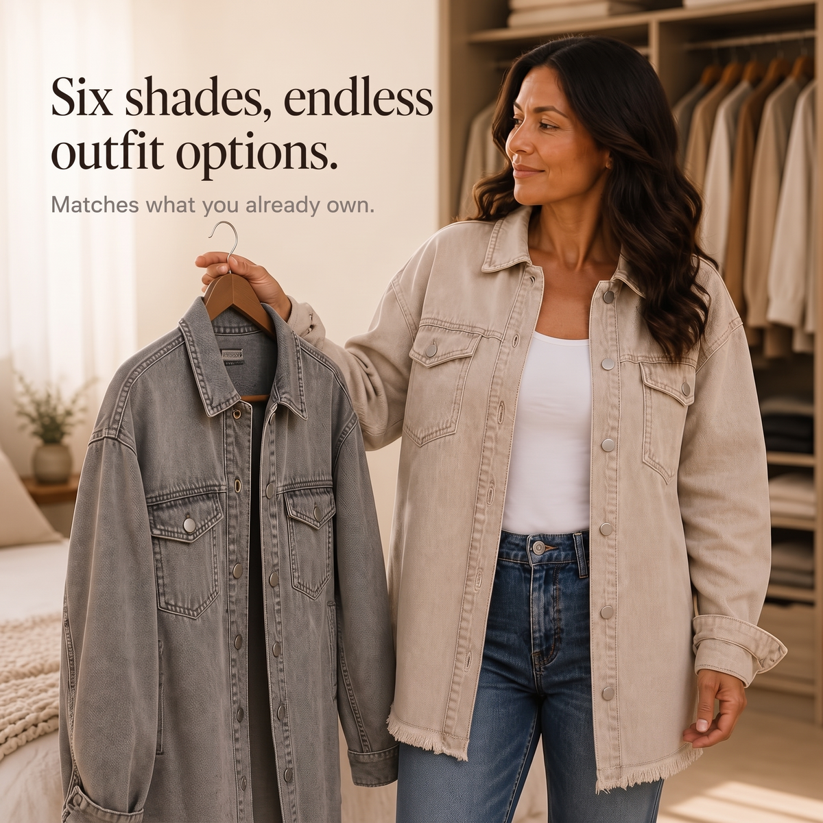 Denim-look jacket on hanger in blue-gray wash with button front and chest pockets