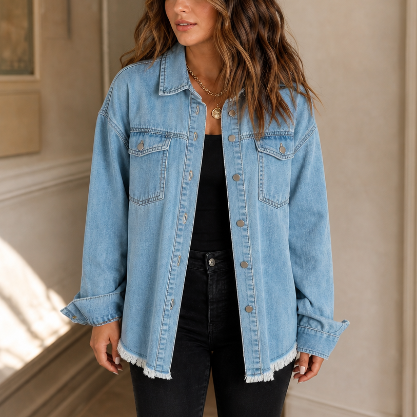 Washed light blue denim-look jacket with button front, chest pockets, and frayed hem