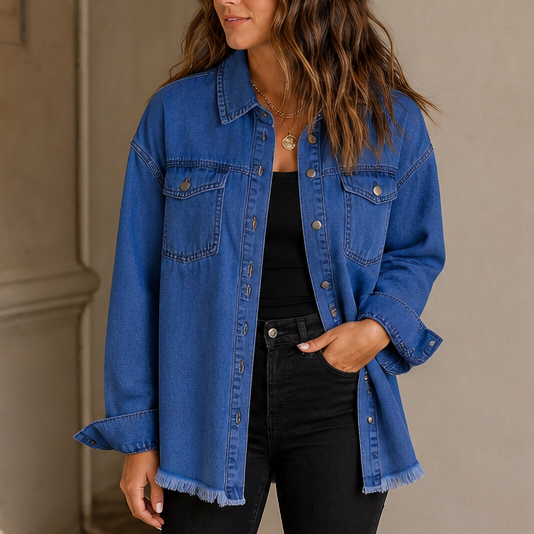 Washed dark blue denim-look jacket with button front, chest pockets, and frayed hem