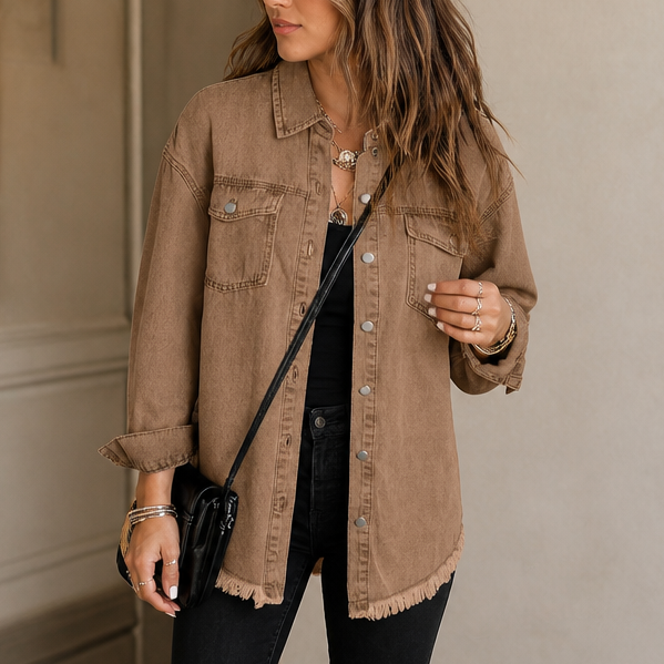 Washed brown denim-look jacket with button front, chest pockets, and frayed hem