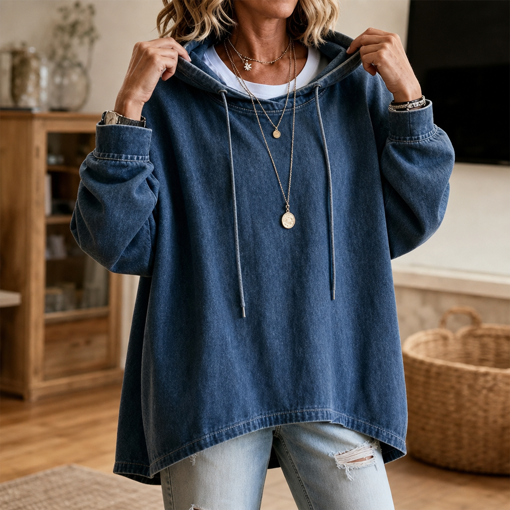 Washed denim-look oversized hoodie in dark blue, with drawstring hood and long sleeves