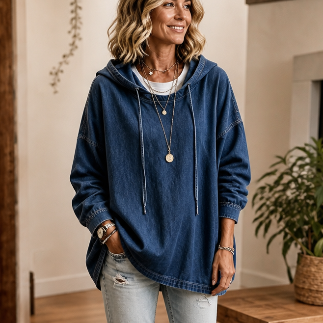 Washed oversized denim-look hoodie in navy blue, drawstring hood, kangaroo pocket