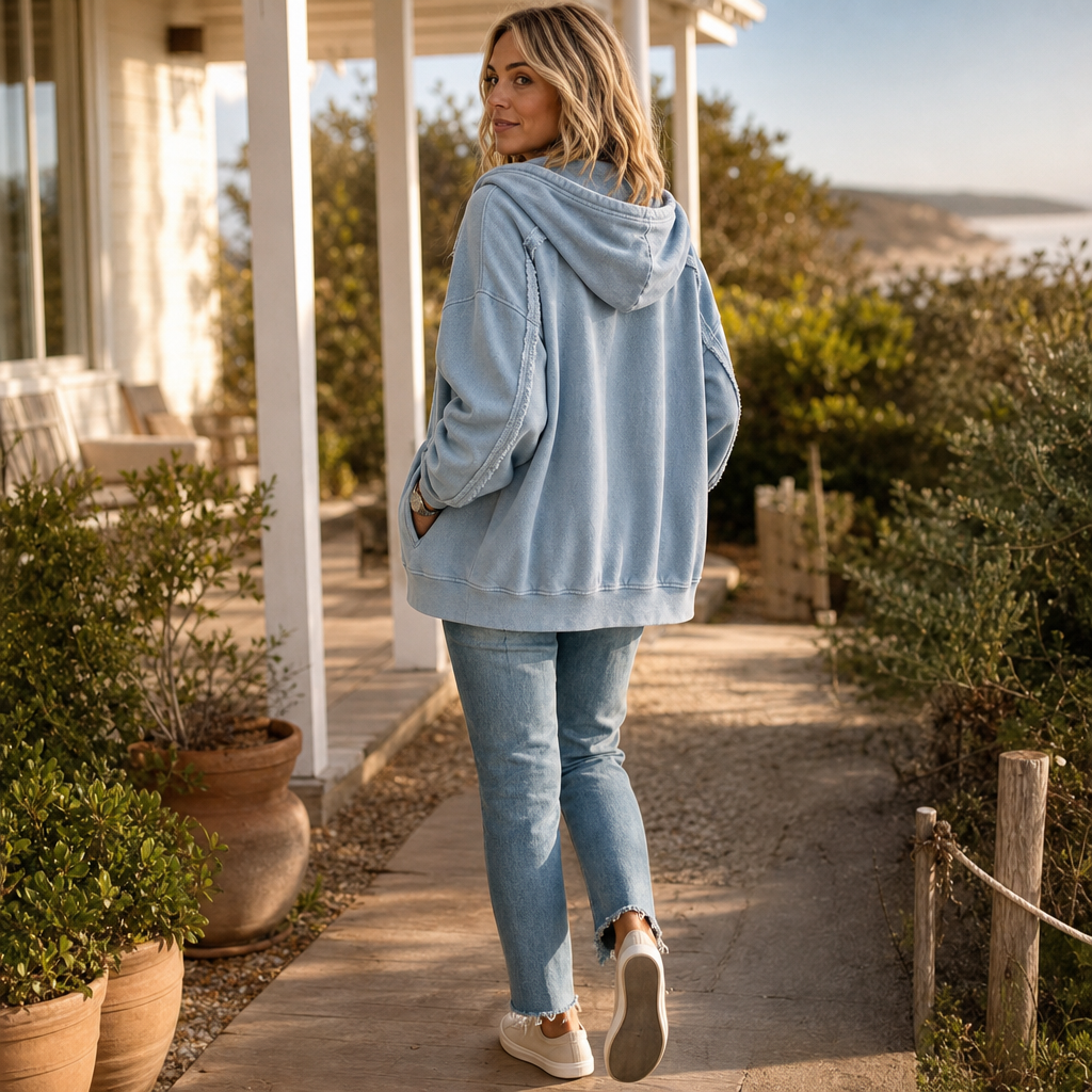 Washed Raw-Edge Oversized Zip-Up Hoodie