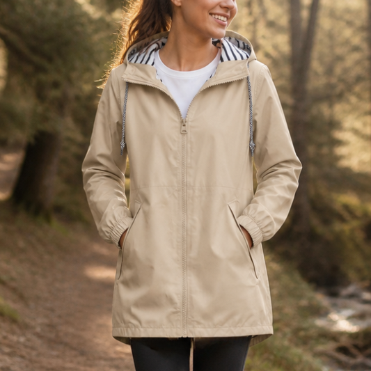 Beige waterproof hooded rain jacket with full-zip front and adjustable cuffs.