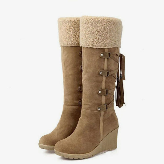 Wedge Knee-High Boots with Fur Trim