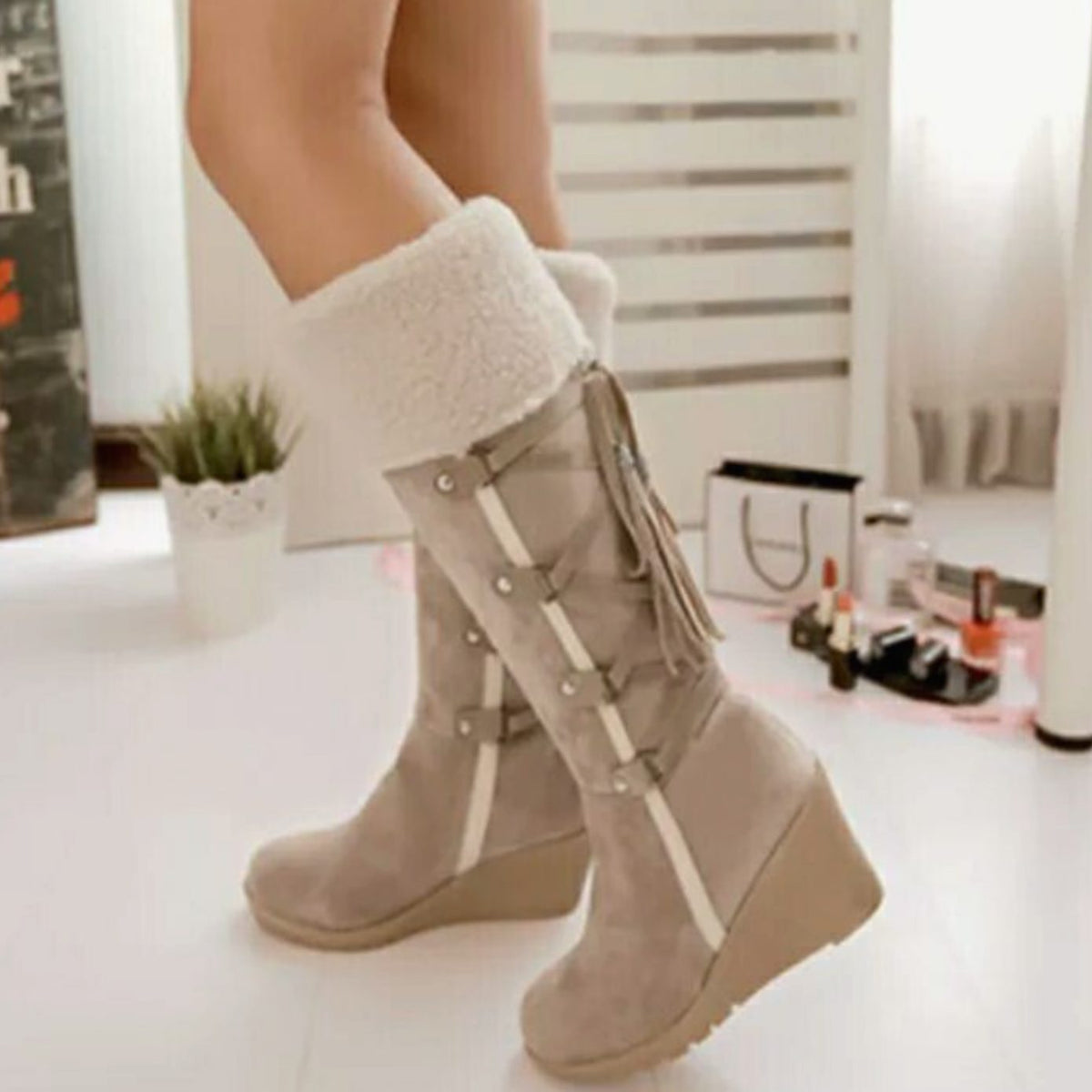 Wedge Knee-High Boots with Fur Trim