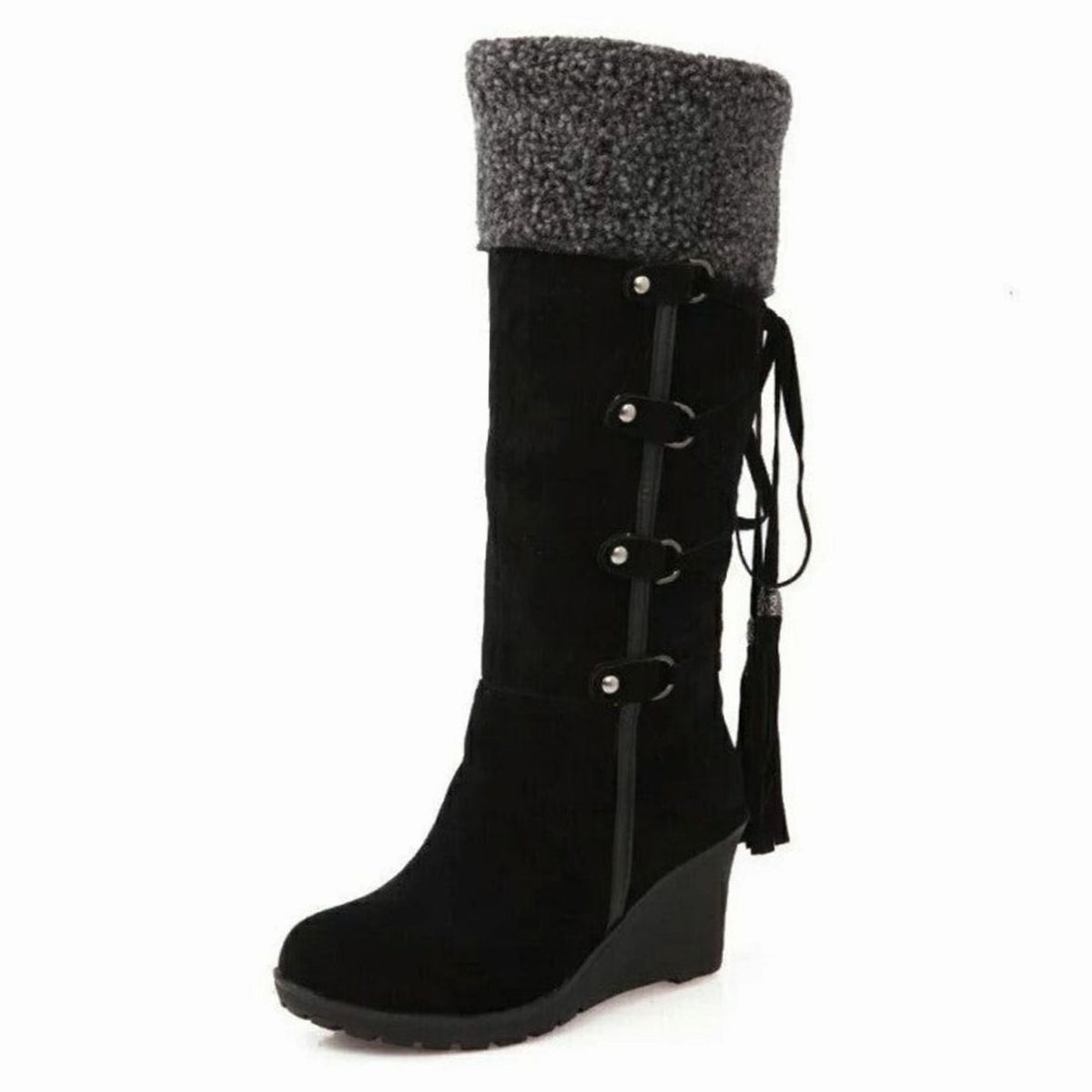 Wedge Knee-High Boots with Fur Trim