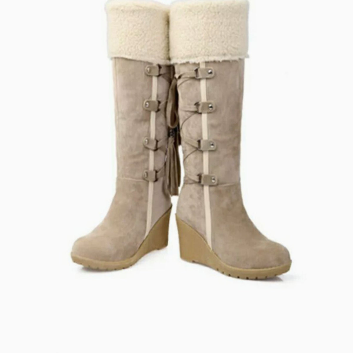 Wedge Knee-High Boots with Fur Trim