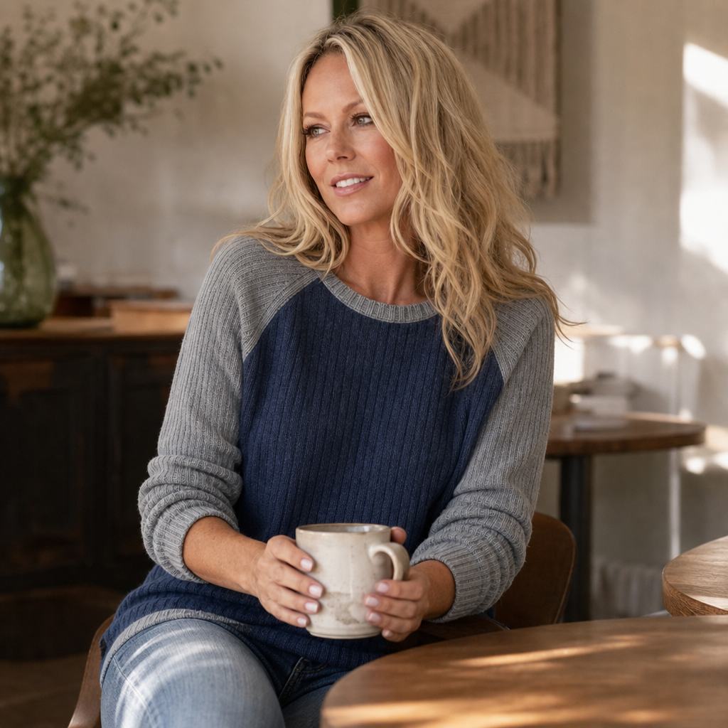 Raglan waffle-knit pullover with navy-blue body and light gray raglan sleeves